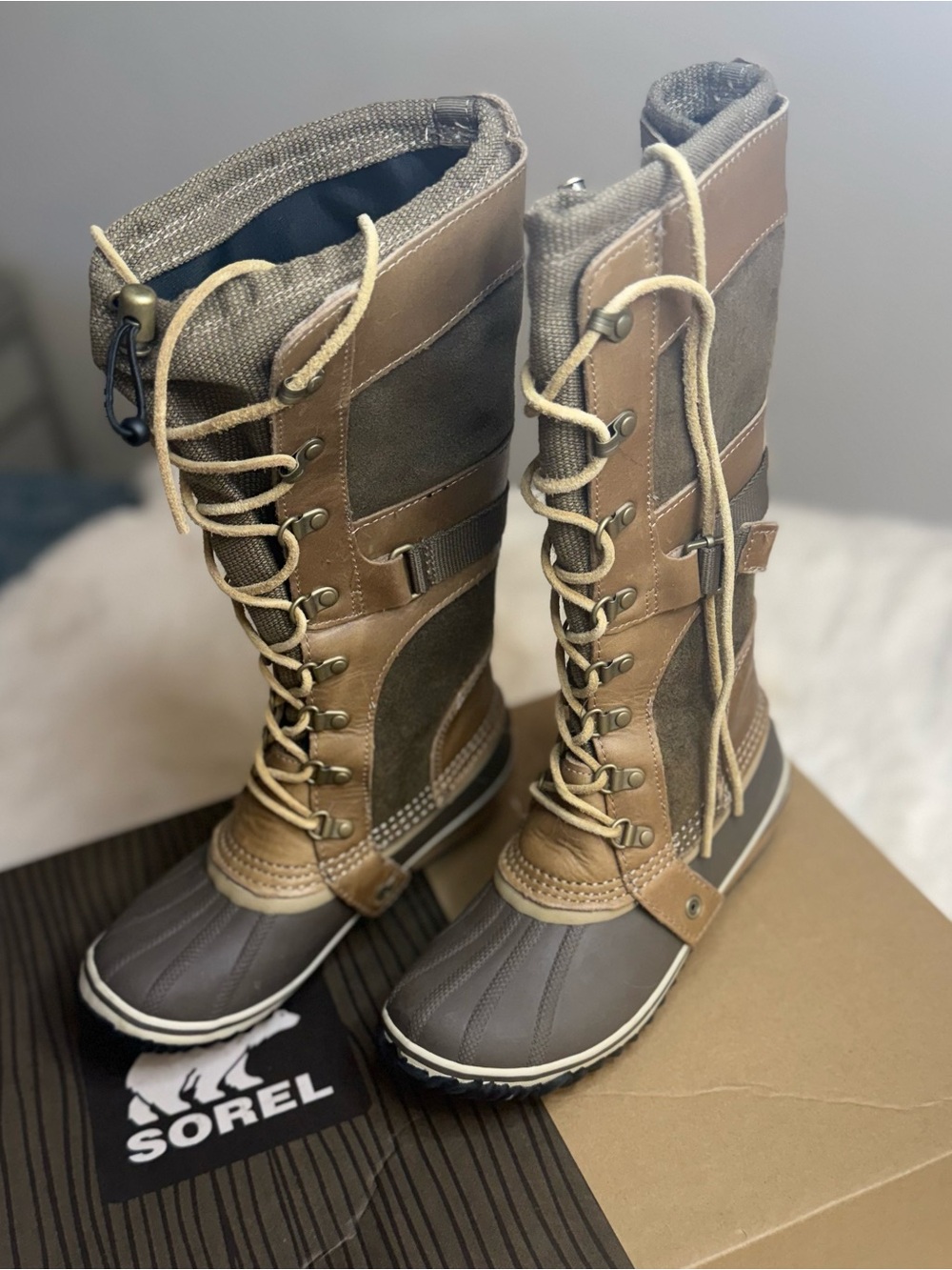 Sorel Women's Tall Lace-Up Winter Boots in Brown and Gray